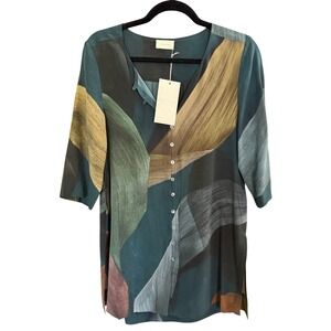 NWT Poetry Silk Blouse 2 Blue Green Abstract Artsy Mature Modest Office Boho